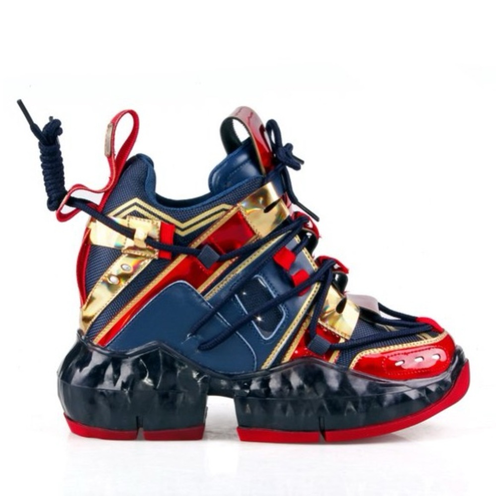 Stylish Women's Sneakers in Red, Blue, and Gold